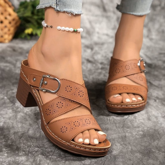Women's Heeled Sandals Open Toe Slip On Block Womens Chunky Mid Heels Ankle Strap Sandal Slippers Casual Comfortable Summer Backless Mules Adjustable Slide Walking Shoes Brown 7.5