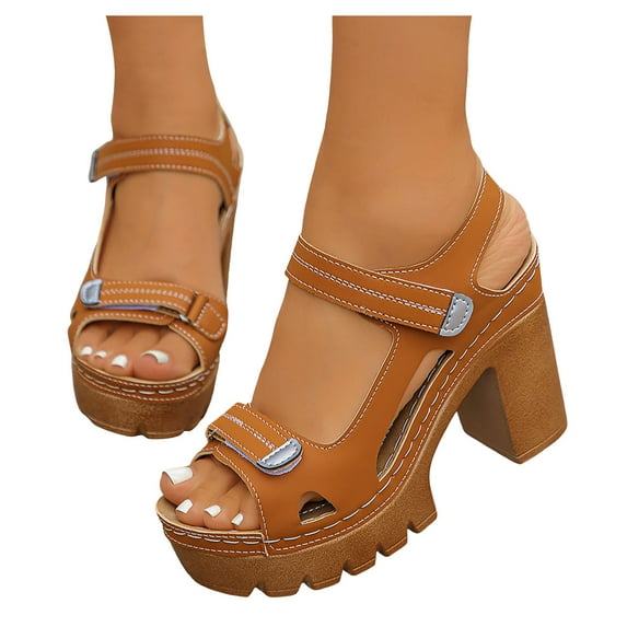 Women's Heeled Sandals Peep Toe Hook and Loop Summer Slingback Heels Platform Lug Sole Comfy Arch Support Casual Beach Shoes Brown Size 9.5