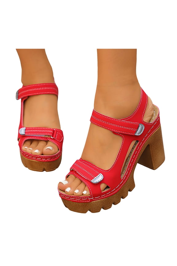 Women's Heeled Sandals Peep Toe Hook and Loop Summer Slingback Heels Platform Lug Sole Comfy Arch Support Casual Beach Shoes Red Size 9