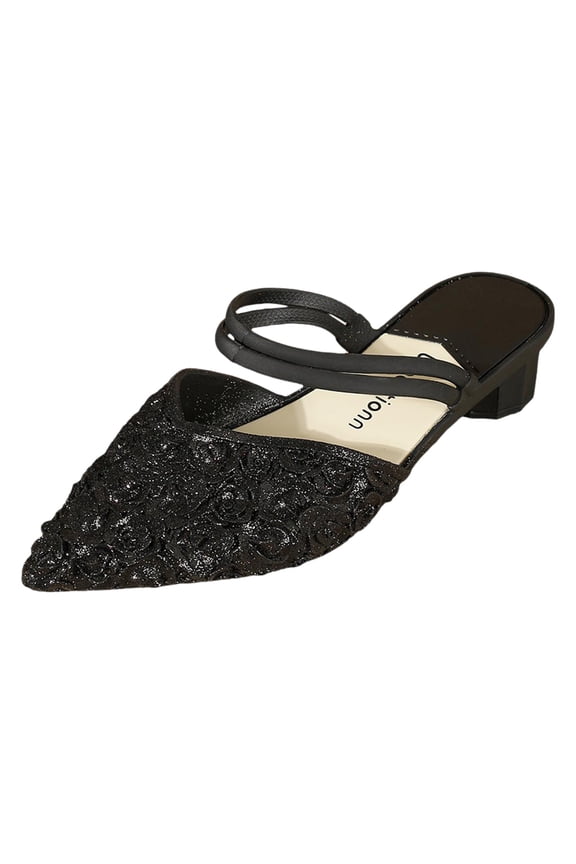 Women's Heeled Sandals Sparkling Glitter Single Shoes Pointed Toe Thick Heels Fashionable and Versatile Rose Pattern High Heels Black 38