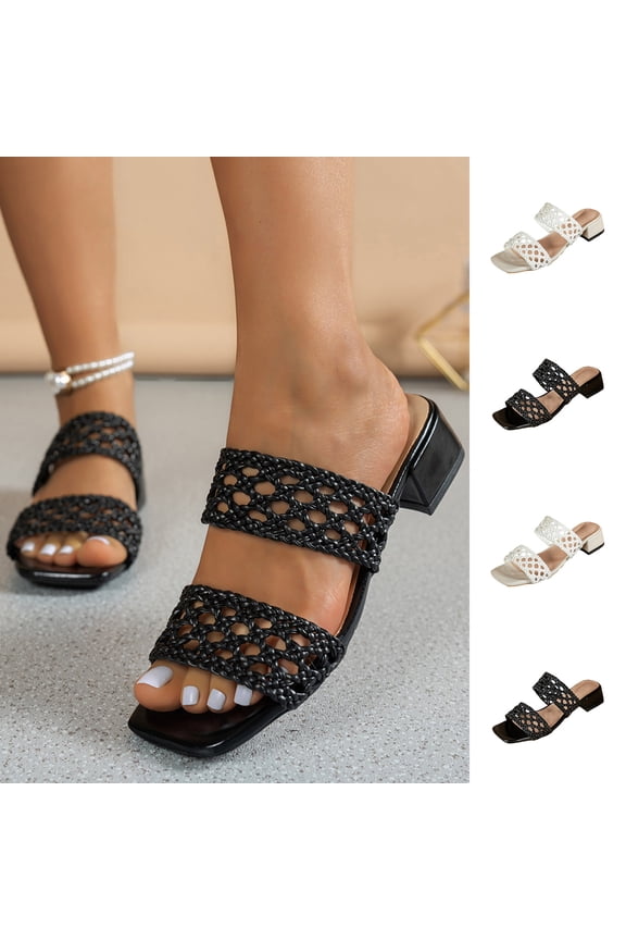 Women's Heeled Sandals for Women Trendy Square Toe Braided Cutout Chunky Heel Mules Comfortable Open Toe Slip On Shoes Summer Fashion Plus Size Black Sandals for Women