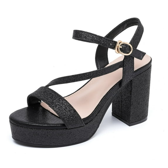 Women's Heels for Women Open Toe Ankle Strap High Block Chunky Platform Heel Sandals Party Wedding Dress Pumps Shoes Black Size 6.5