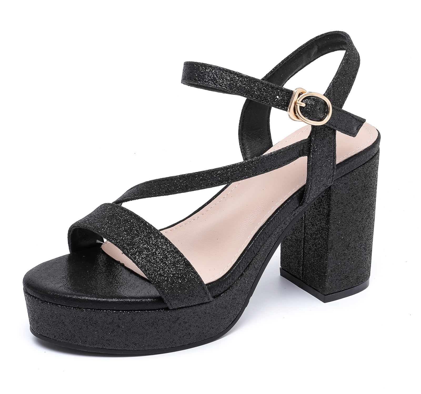 Women's Heels for Women Open Toe Ankle Strap High Block Chunky Platform Heel Sandals Party Wedding Dress Pumps Shoes Black Size 7