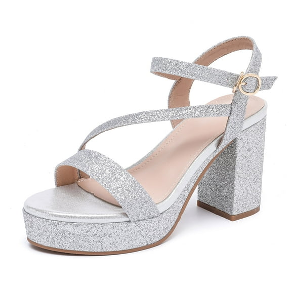Women's Heels for Women Open Toe Ankle Strap High Block Chunky Platform Heel Sandals Party Wedding Dress Pumps Shoes Silver Size 6.5