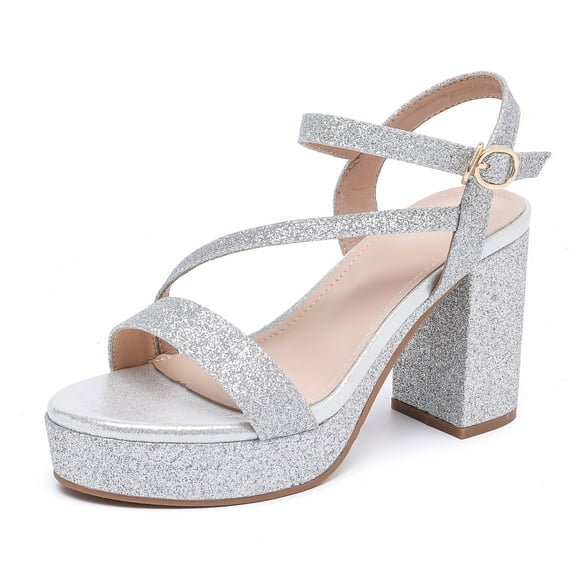 Women's Heels for Women Open Toe Ankle Strap High Block Chunky Platform Heel Sandals Party Wedding Dress Pumps Shoes Silver Size 6