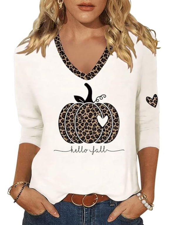 Women's Hello Fall Leopard Pumpkin 3/4 Sleeve V Neck Shirt Halloween Spooky Season Top(M,Beige)