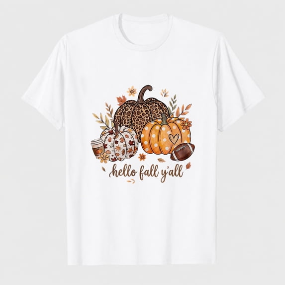 Women's Hello Fall Pumpkin Graphic T-Shirt, Autumn 100% Cotton Short Sleeve Shirt