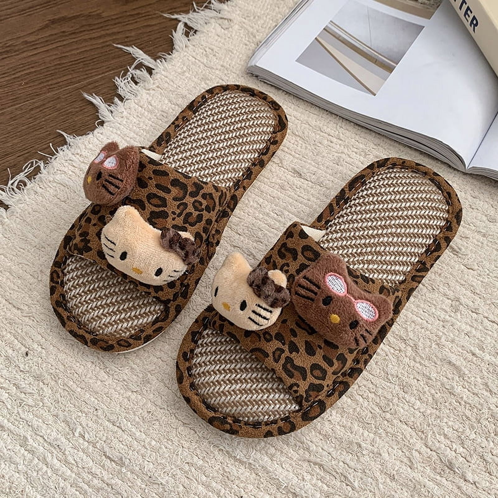Women’s Hello Kitty Leopard Print Slippers Cute Cartoon Home Slipper ...