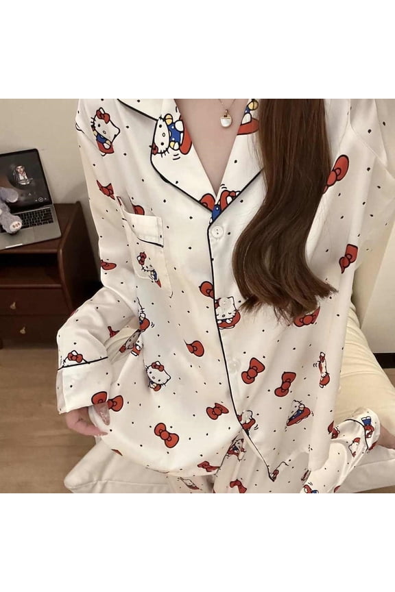 Women's Hello Kitty Pajama Set,Cute Cartoon Printed Long Sleeve Button-Down Sleepwear,Soft Cozy Lounge Set