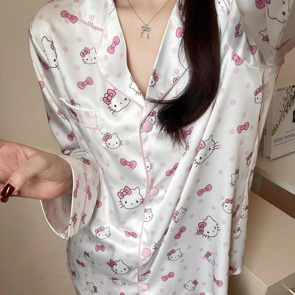 Women's Hello Kitty Pajama Set,Cute Cartoon Printed Long Sleeve Button-Down Sleepwear,Soft Cozy Lounge Set