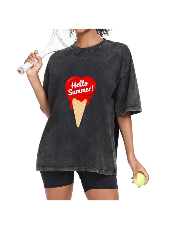 Women's Hello Summer Pop Vintage Wash Graphic T-Shirt, Relaxed Short Sleeve Crewneck Tee