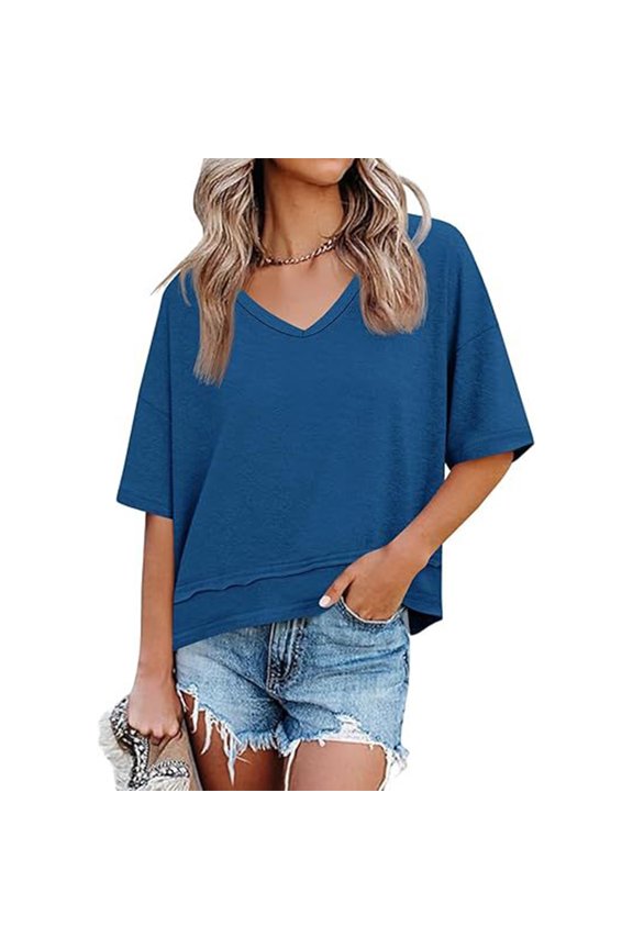 Women's Hem Detail T-Shirt, V Neck Mid Sleeve Loose Casual Top, Modern Blouse for Street Style or Casual Friday, Navy - XL