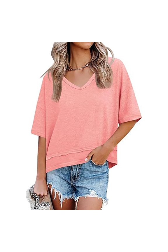 Women's Hem Detail T-Shirt, V Neck Mid Sleeve Loose Casual Top, Modern Blouse for Street Style or Casual Friday, Pink - L