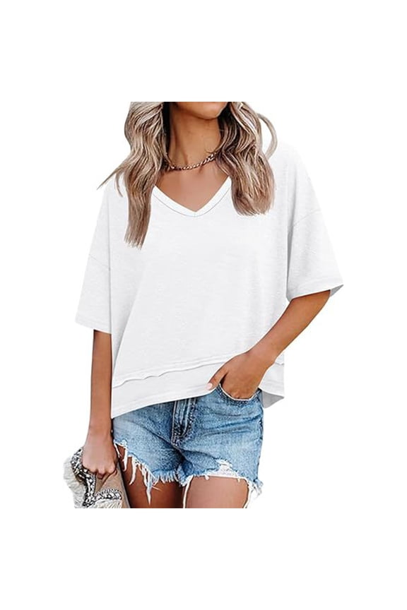 Women's Hem Detail T-Shirt, V Neck Mid Sleeve Loose Casual Top, Modern Blouse for Street Style or Casual Friday, White - M
