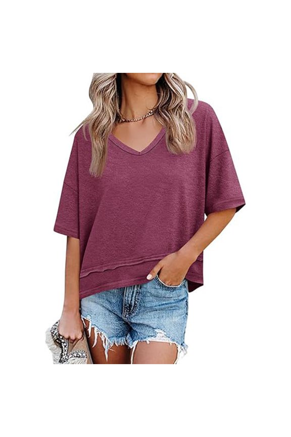 Women's Hem Detail T-Shirt, V Neck Mid Sleeve Loose Casual Top, Modern Blouse for Street Style or Casual Friday, Wine - XL
