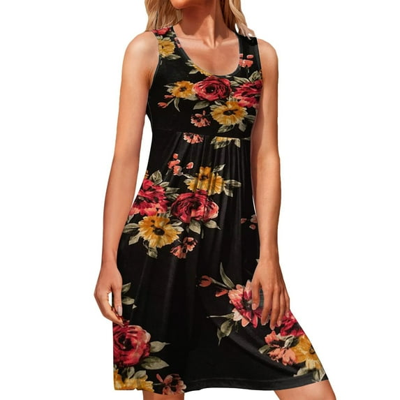Women's Hem Tank Dresses Summer Beach Floral Print Sleeveless Swing Mini Dress Round Neck Flowy Pleated Tunic Dress