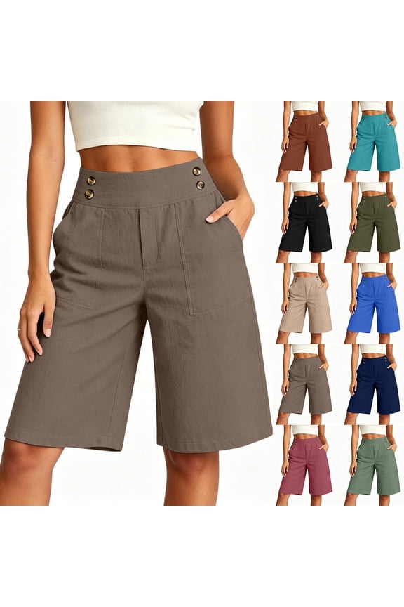 Women's Hemp Blend High Waisted Straight Leg Pants, Trousers with Pockets for Women, Elastic Waist Relaxed Fit, Casual Loose Flowy Capris for Summer Beach Business Office, Capri