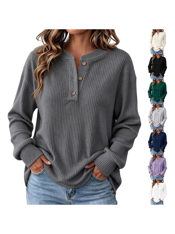 Women's Henley Button Top Ribbed Knit Long Sleeve Loose Fit Casual Pullover Blouse