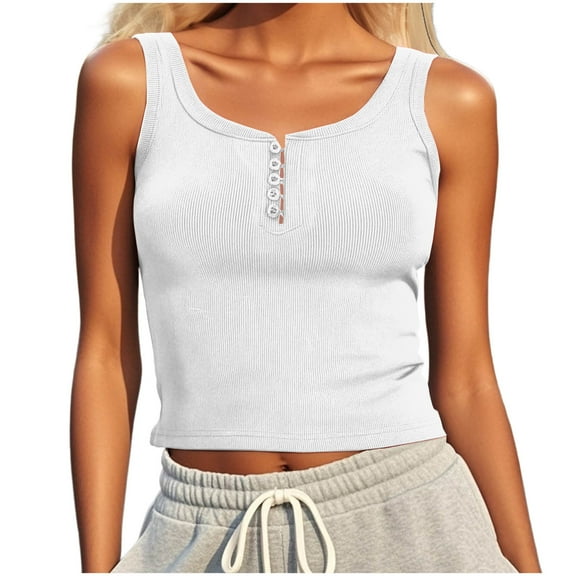 Women's Henley Crop Tank Tops Button up Sleeveless T Shirts Workout Summer Casual Slim Fit Solid Color Blouses (XL, White)