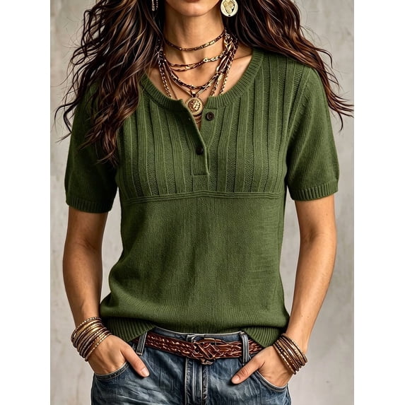 Women's Henley Knit Top Short Sleeve Button Down Ribbed Sweater