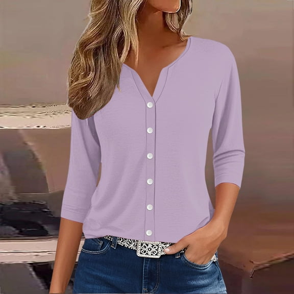 Women's Henley Neck 3/4 Lenght Sleeve Shirt, Lightweight Breathable Button-Down Blouse for Casual & Workwear