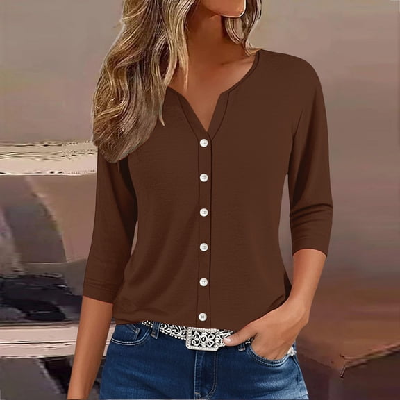 Women's Henley Neck 3/4 Lenght Sleeve Shirt, Lightweight Breathable Button-Down Blouse for Casual & Workwear