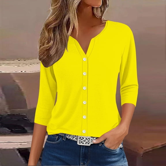 Women's Henley Neck 3/4 Lenght Sleeve Shirt, Lightweight Breathable Button-Down Blouse for Casual & Workwear