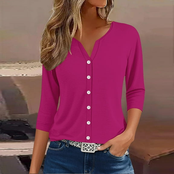 Women's Henley Neck 3/4 Lenght Sleeve Shirt, Lightweight Breathable Button-Down Blouse for Casual & Workwear