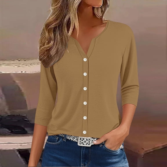 Women's Henley Neck 3/4 Lenght Sleeve Shirt, Lightweight Breathable Button-Down Blouse for Casual & Workwear
