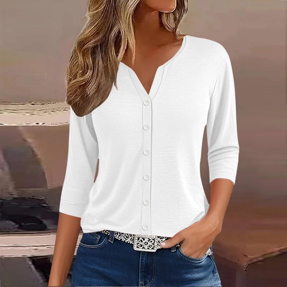 Women's Henley Neck 3/4 Lenght Sleeve Shirt, Lightweight Breathable Button-Down Blouse for Casual & Workwear