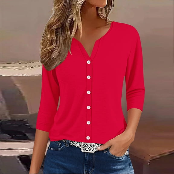 Women's Henley Neck 3/4 Lenght Sleeve Shirt, Lightweight Breathable Button-Down Blouse for Casual & Workwear