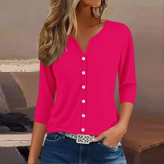 Women's Henley Neck 3/4 Lenght Sleeve Shirt, Lightweight Breathable Button-Down Blouse for Casual & Workwear