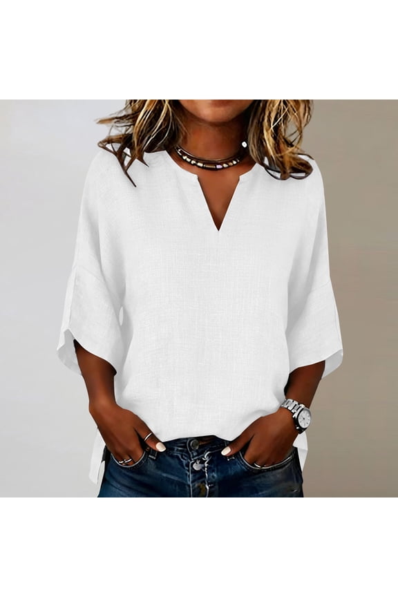 Women's Henley Neck Linen Top, 3/4 Sleeve Drop Shoulder Bohemian Blouse, Solid Color Casual Shirt for Spring, Summer, and Everyday Boho Style, Loose and Flowy-White