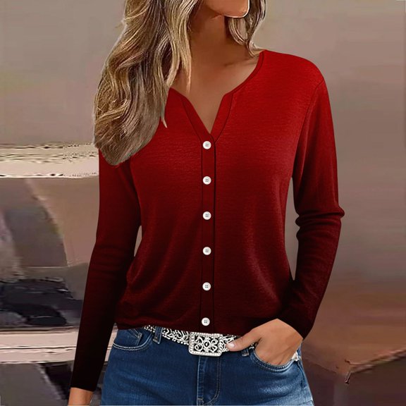 Women's Henley Neck Long Sleeve Shirt, Casual Button-Down Blouse with Floral Print - Summer Lightweight Tops