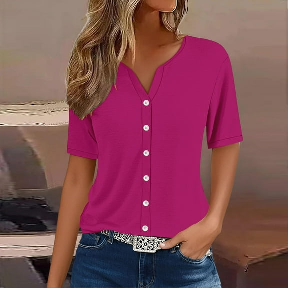 Women's Henley Neck Short Sleeve Shirt, Lightweight Breathable Button-Down Blouse for Casual & Workwear