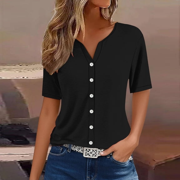 Women's Henley Neck Short Sleeve Shirt, Lightweight Breathable Button-Down Blouse for Casual & Workwear