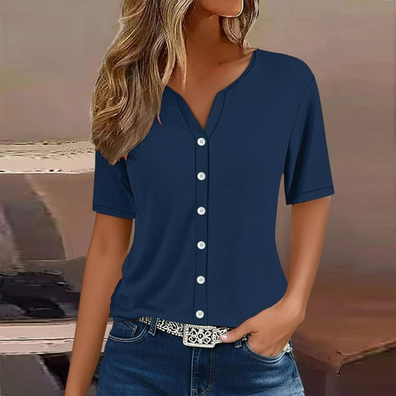 Women's Henley Neck Short Sleeve Shirt, Lightweight Breathable Button-Down Blouse for Casual & Workwear