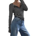 thumbnail image 1 of Women's Henley Neck Striped Long Sleeve Slim Fit Knit Top Black S, 1 of 9