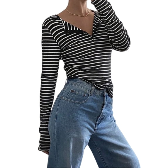 Women's Henley Neck Striped Long Sleeve Slim Fit Knit Top Black S
