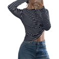 thumbnail image 1 of Women's Henley Neck Striped Long Sleeve Slim Fit Knit Top Navy Blue XL, 1 of 9