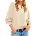 thumbnail image 1 of Women's Henley Neck Sweater Button Front Long Sleeve Loose Knit Pullover (Beige, XL), 1 of 4