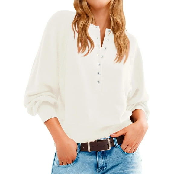 Women's Henley Neck Sweater Button Front Long Sleeve Loose Knit Pullover (White, XL)