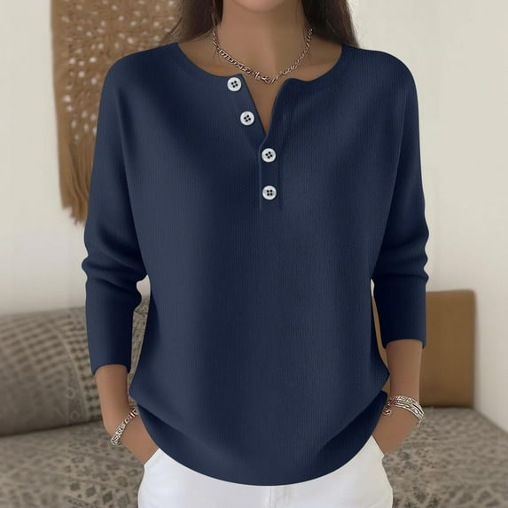 Women's Henley Neck Sweatshirt, Casual Button Front Pullover, Solid Color Long Sleeve Top, Comfortable Loose Fit Blouse, Relaxed Everyday Wear Sweatshirt Navy XXL