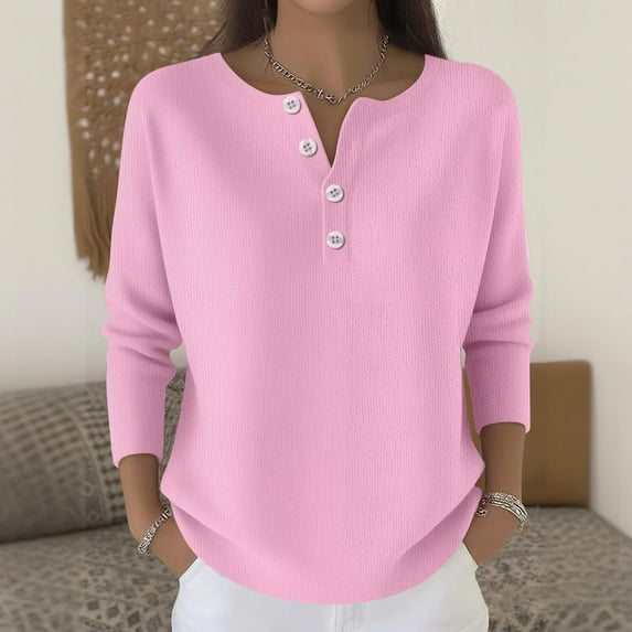 Women's Henley Neck Sweatshirt, Casual Button Front Pullover, Solid Color Long Sleeve Top, Comfortable Loose Fit Blouse, Relaxed Everyday Wear Sweatshirt Pink L