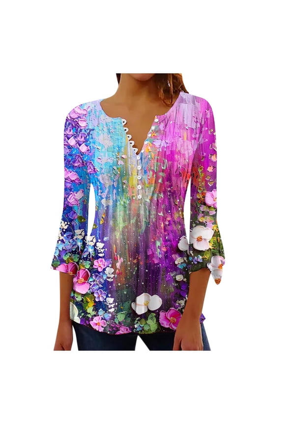 Women's Henley Neck Tunic Dressy Tops Hide Belly Swing Blouse Fashion 3/4 Flare Sleeve Pleated Flowy Shirts Summer Clothes 1/4 Button up Boho Floral Print Blouse Vintage Multicolor T Shirts L