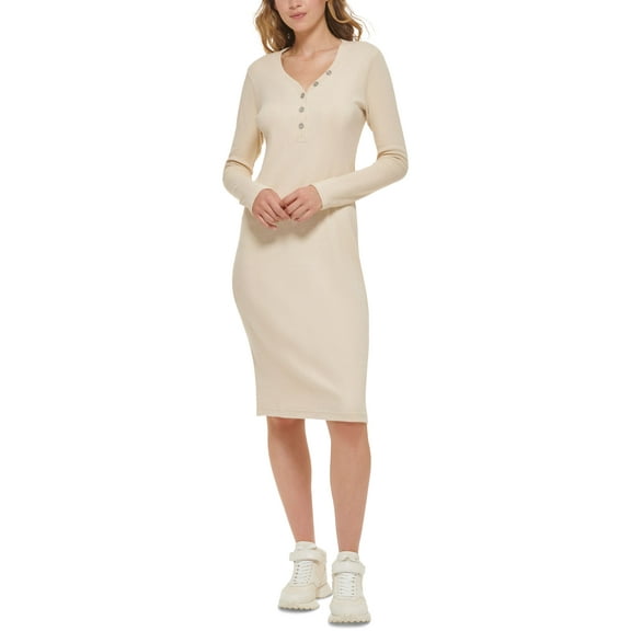 Women's Henley-Neckline Long-Sleeve Ribbed Dress Vanilla S