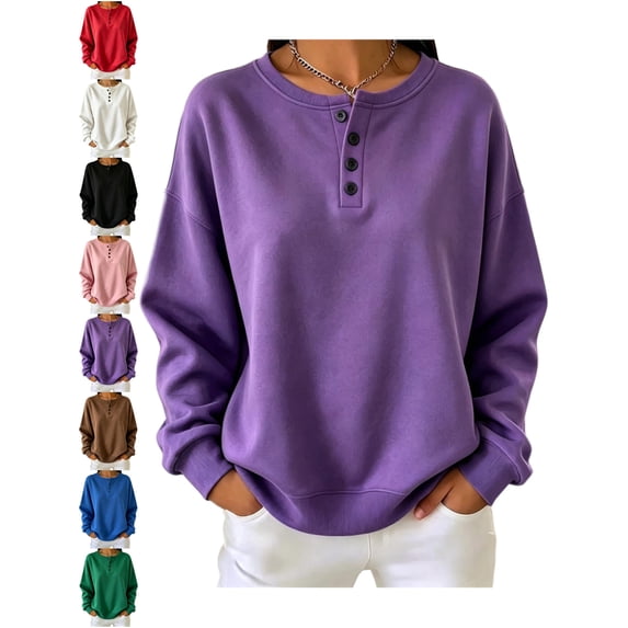 Women's Henley Oversized Sweatshirt Long Sleeve Solid Casual Basic Everyday Fall Winter Top