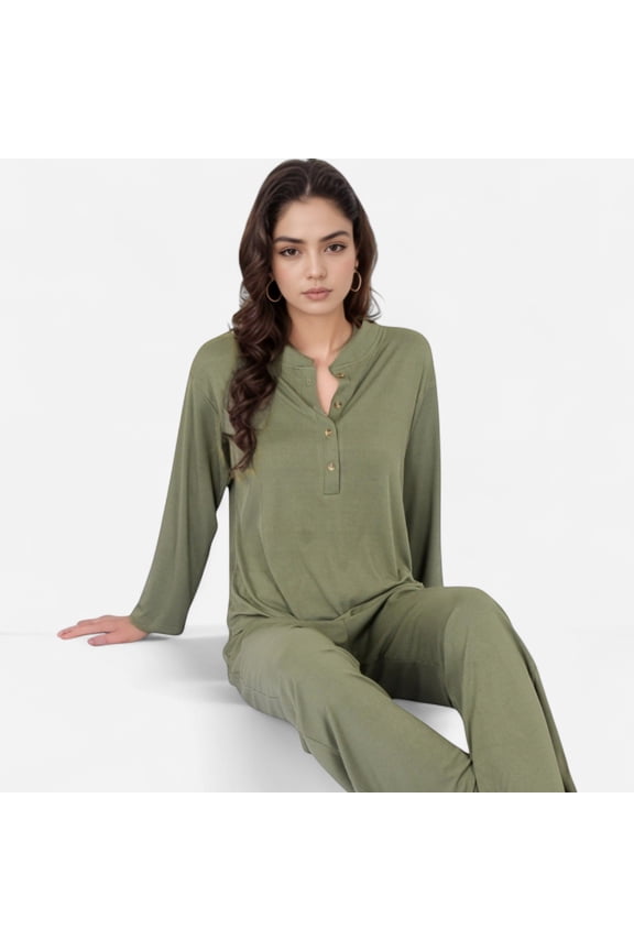 Women's Henley Pajama Set with Long Sleeve Button-Front Top Relaxed Fit and Full-Length Stretch Lounge Pants - Green, Large