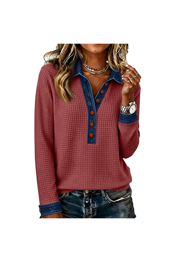 Women's Henley Shirt with Denim Style Contrast Collar and Long Sleeves, Textured Knit Top for Casual Fall Spring Layering