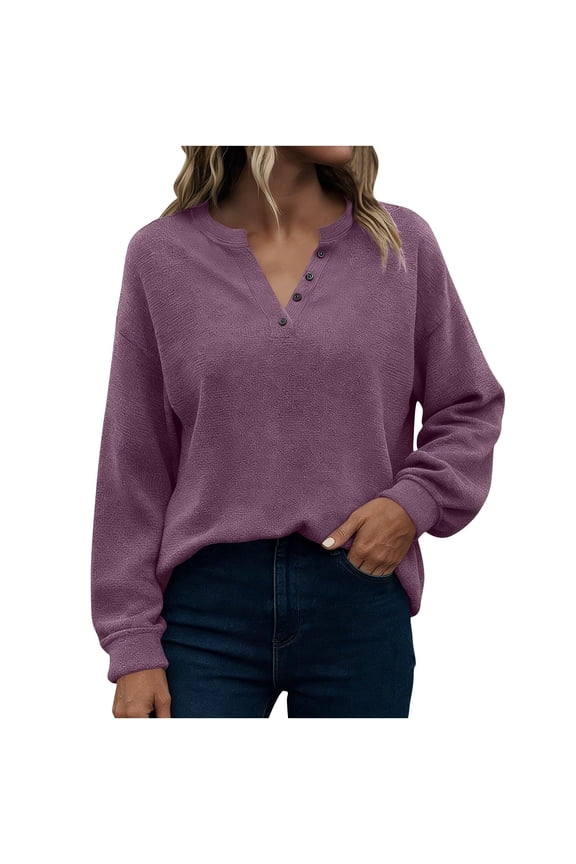 Women's Henley Shirts Dressy Casual Long Sleeve Tunic Tops Button Up V Neck Basic Blouse Spring Lightweight Clothes